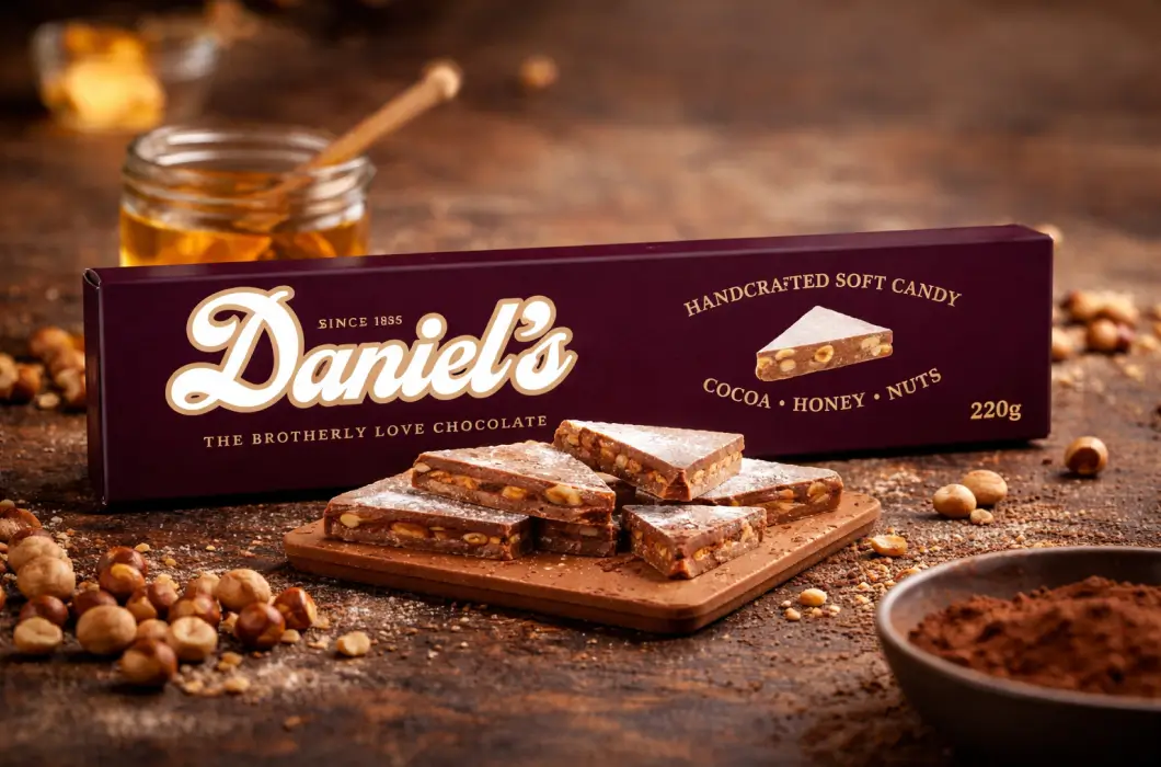 Daniele's Soft Chocolate on a table with honey, cocoa and hazelnuts