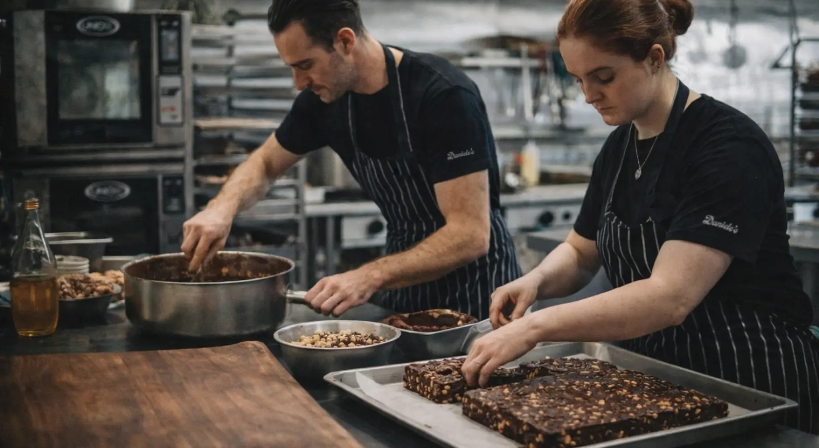 Two chefs preparing Daniele's soft chocolate