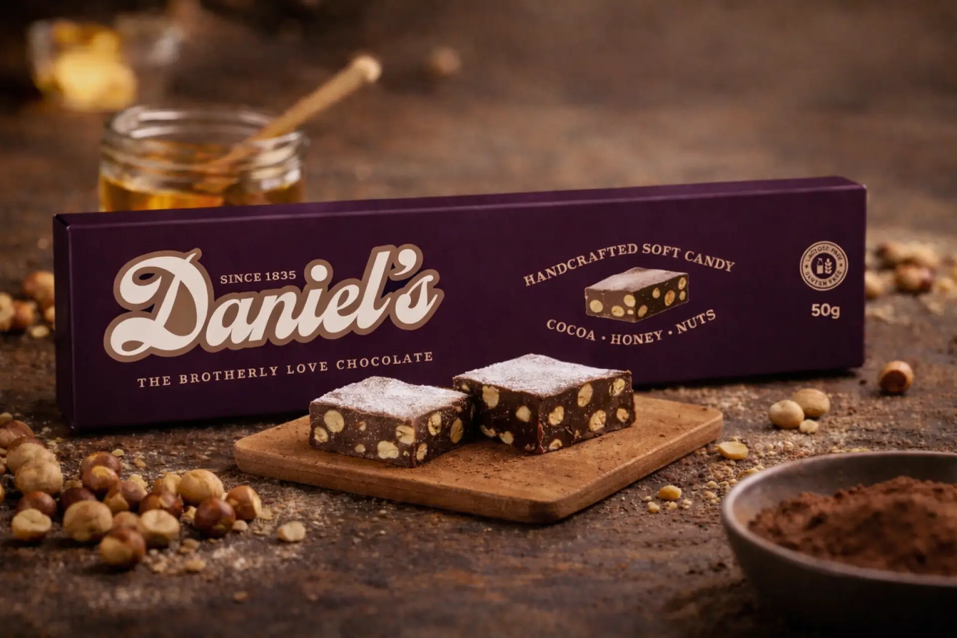 Daniele's soft chocolate on a cutting board with packaging in the background