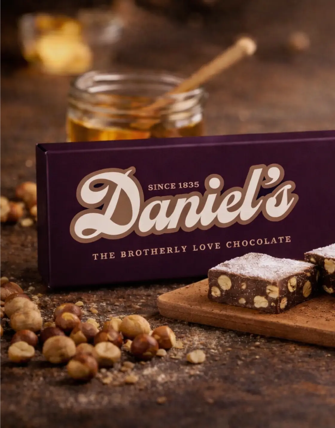 Daniele's soft chocolate on a cutting board with packaging in the background