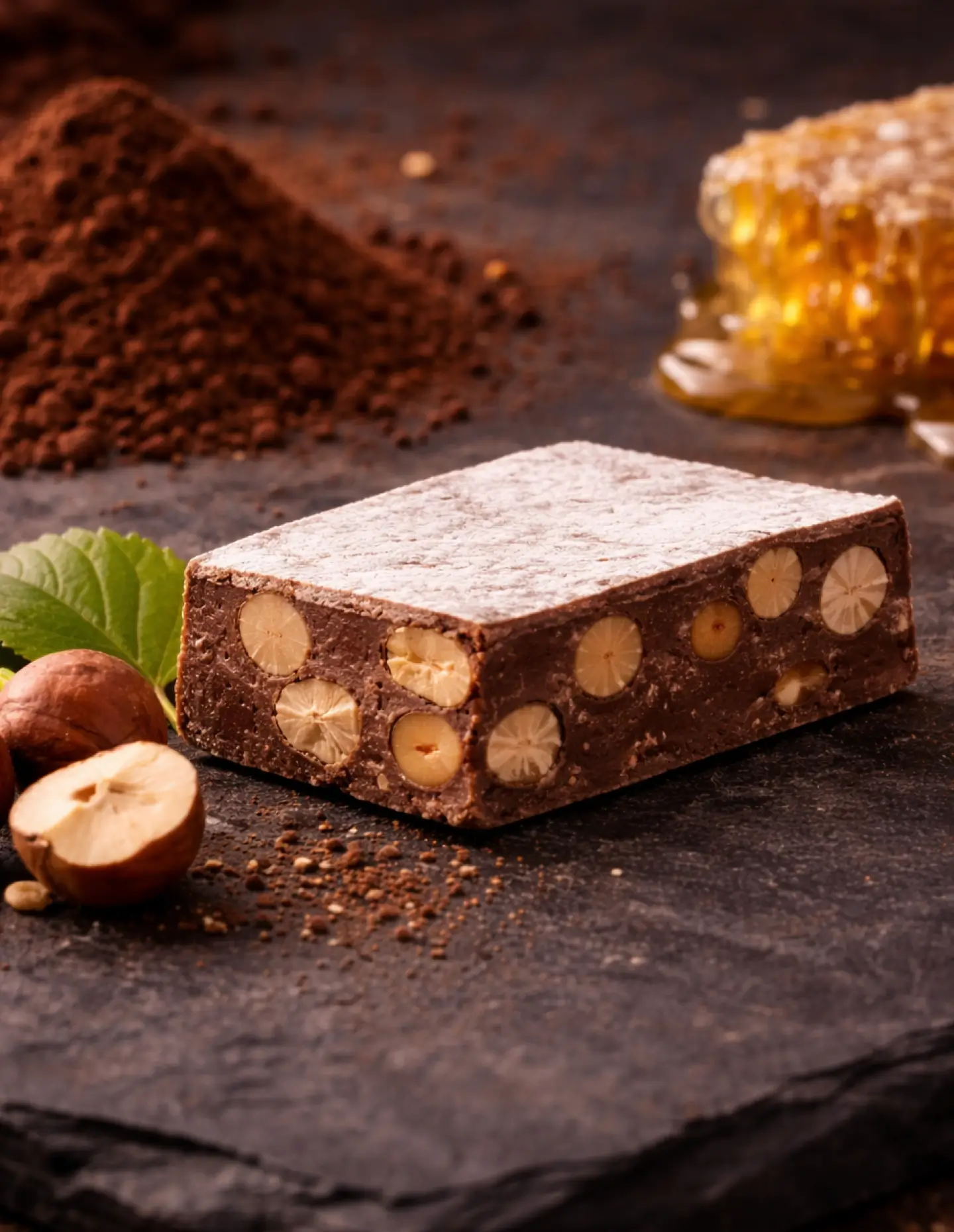 Daniele's soft chocolate on a slate board surrounded by ingredients