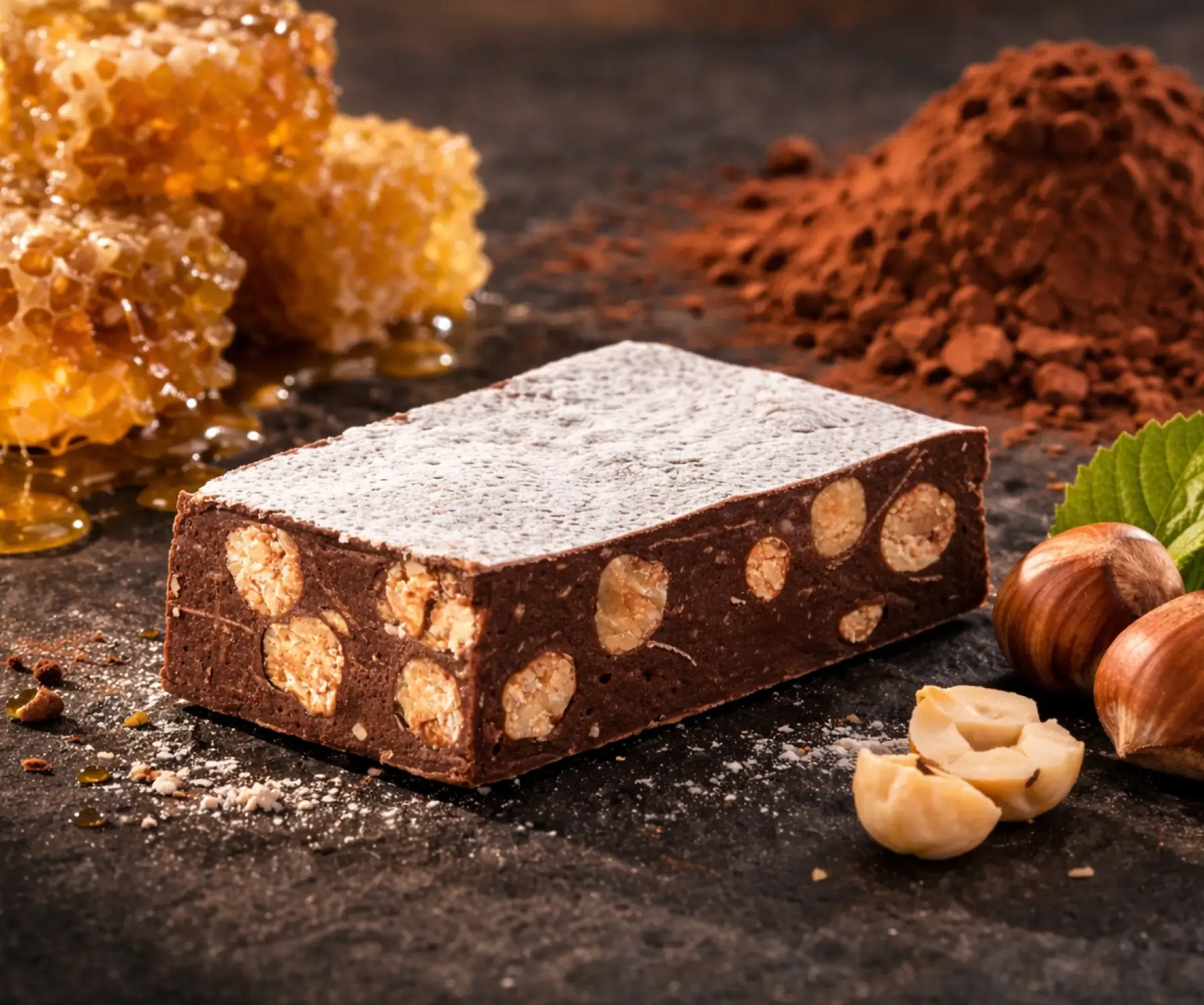 Daniele's soft chocolate on a slate board surrounded by honeycomb, cocoa powder and hazelnuts