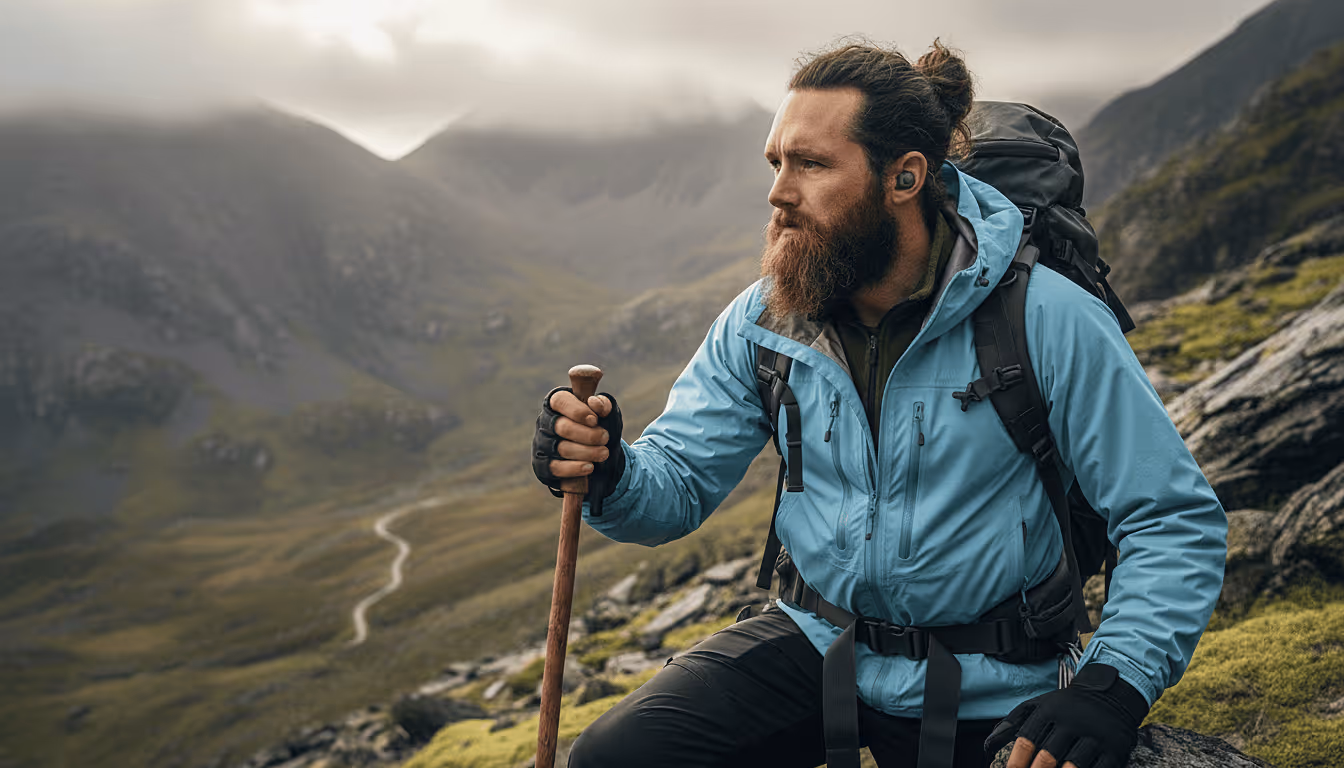 a mountaineer wearing tz7 ultra earbuds