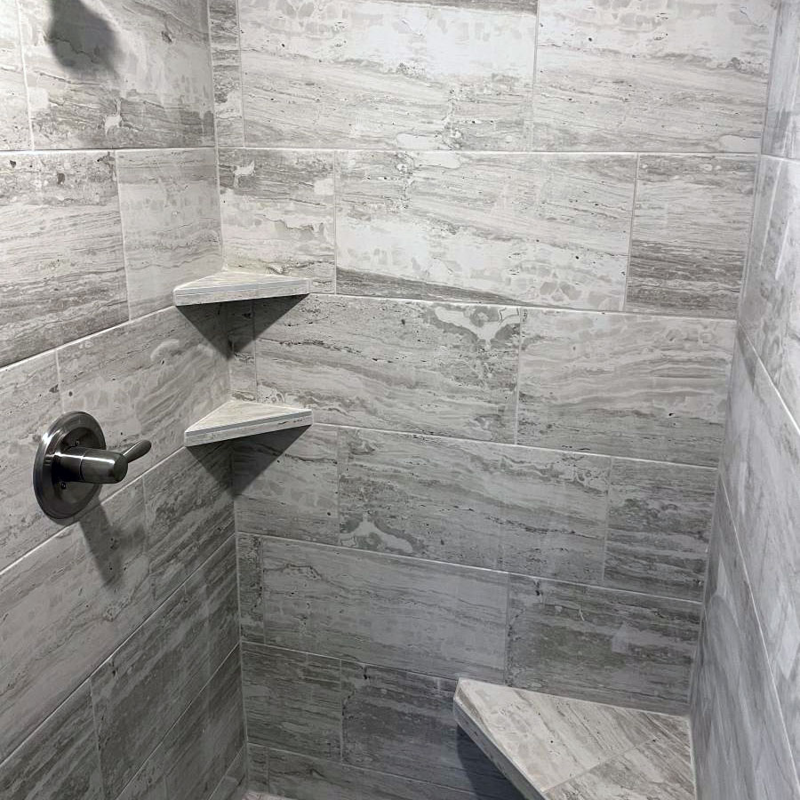 custom gray residential shower tile installation