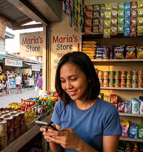 Smiling woman in blue shirt using smartphone inside a small sari-sari store with shelves of snacks and canned goods.