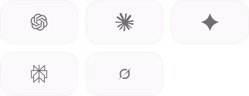 Five gray abstract icons on white rounded squares arranged in a grid, featuring a circular knot, starburst, diamond, geometric shape, and crossed-out eye symbol.