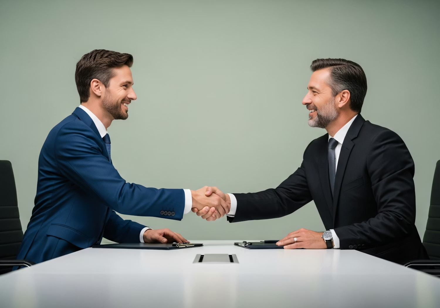 Two professionals in suits shaking hands, representing the initiation of strategic partnerships and healthcare company acquisitions.
