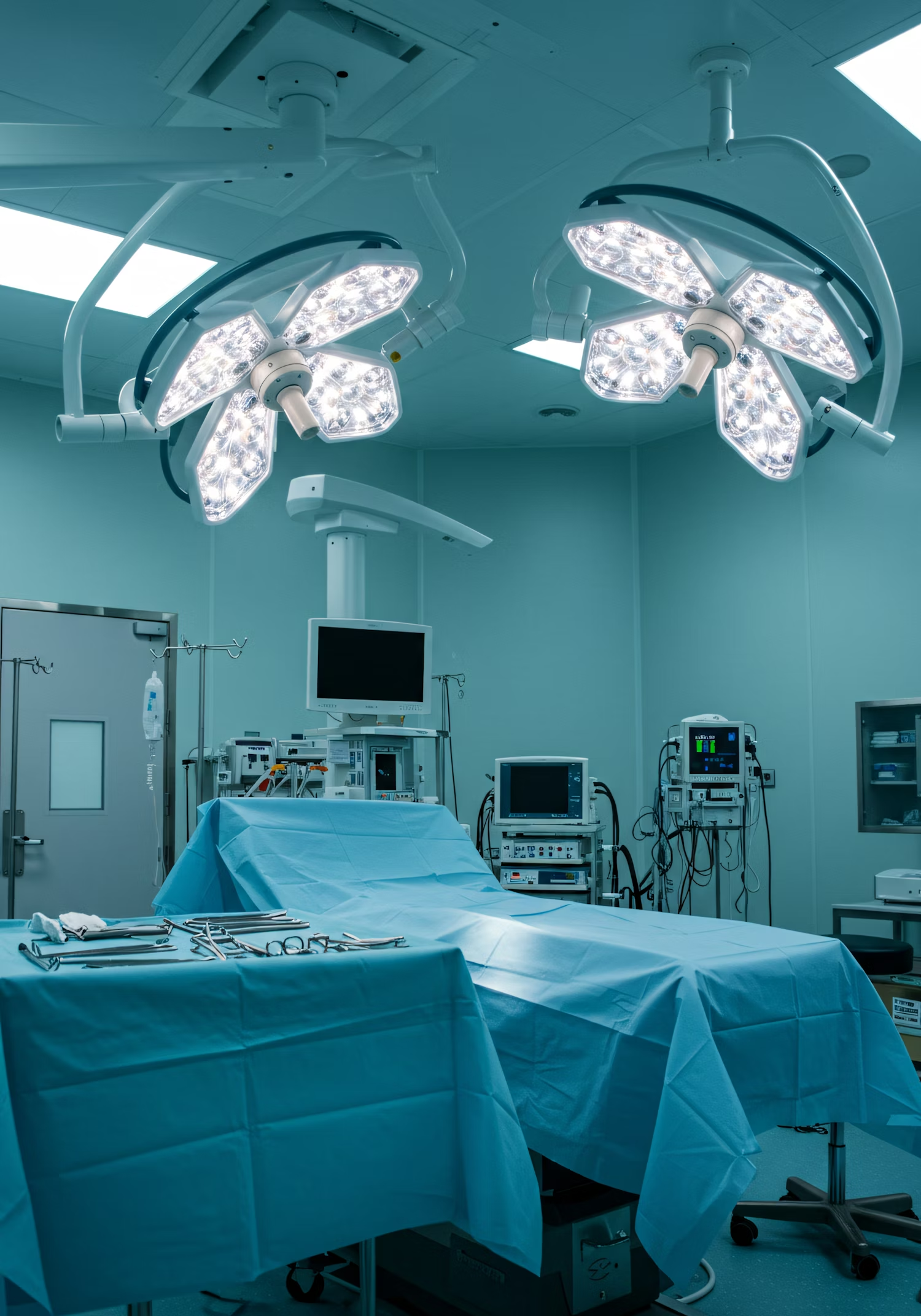 Sterile surgical suite with operating lights, illustrating investment in healthcare infrastructure and delivery platforms.