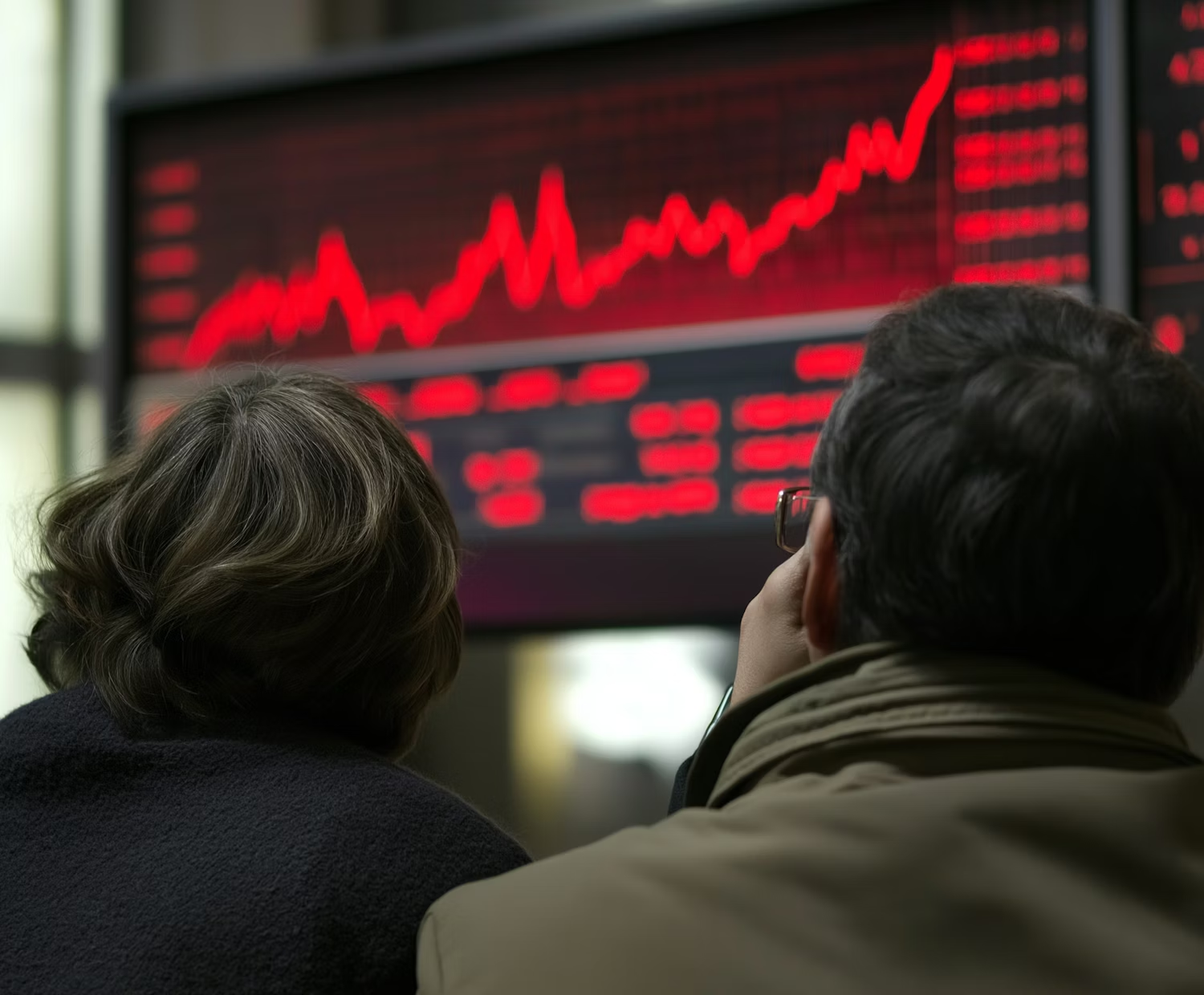 Person viewing a market data screen with red stock chart lines representing analytical, data-driven investment decisions.