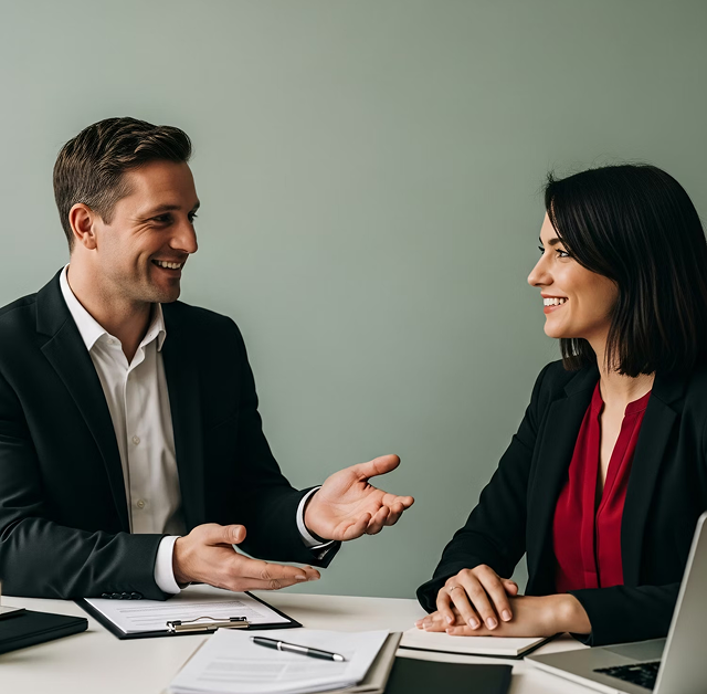 Two professionals in discussion across a desk representing strategic partnership and disciplined investment execution.
