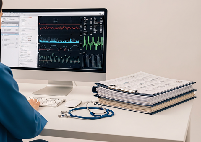 Healthcare data and patient records on a monitor, reflecting the firm's data-driven approach to evaluating healthcare investment opportunities.