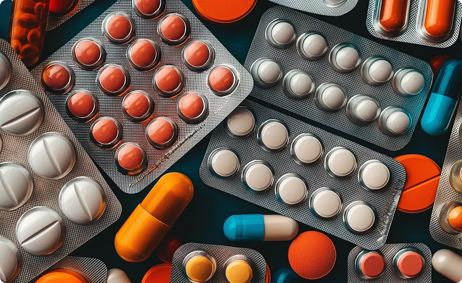 Blister packs of medication, illustrating the industry move away from opioid-based pain management toward safer alternatives.