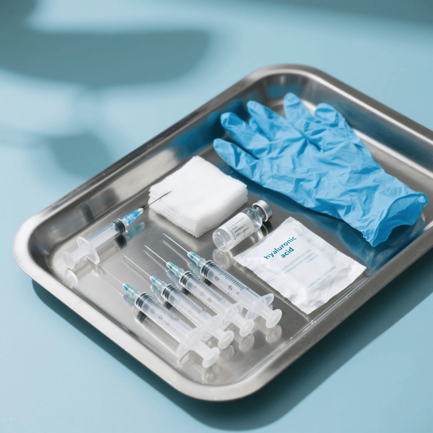A sterile tray with medical gloves and syringes, representing ReNu Biologix’s focus on evidence-based, non-surgical regenerative modalities.