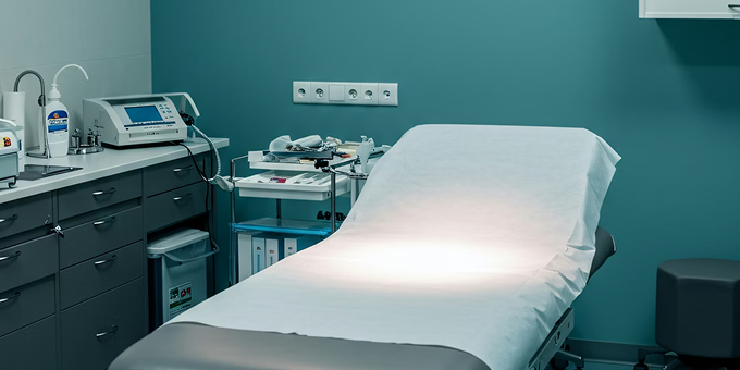 An empty examination room, representing the physical infrastructure and operational assets within healthcare pharma services and platforms.