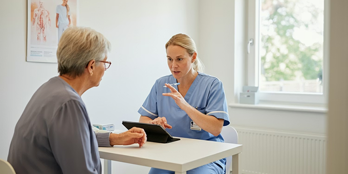 A clinician and patient reviewing digital records on a tablet, highlighting the growth of healthcare technology and patient care models.