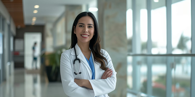 A smiling physician in a clinical setting, representing strategic partnerships with healthcare providers.