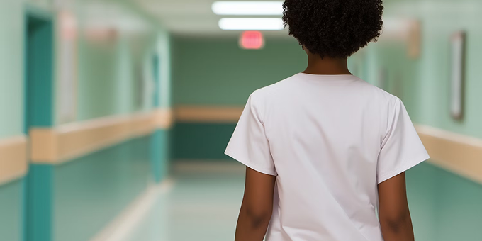 A healthcare professional walking through a hospital corridor, illustrating operational excellence within clinical environments.