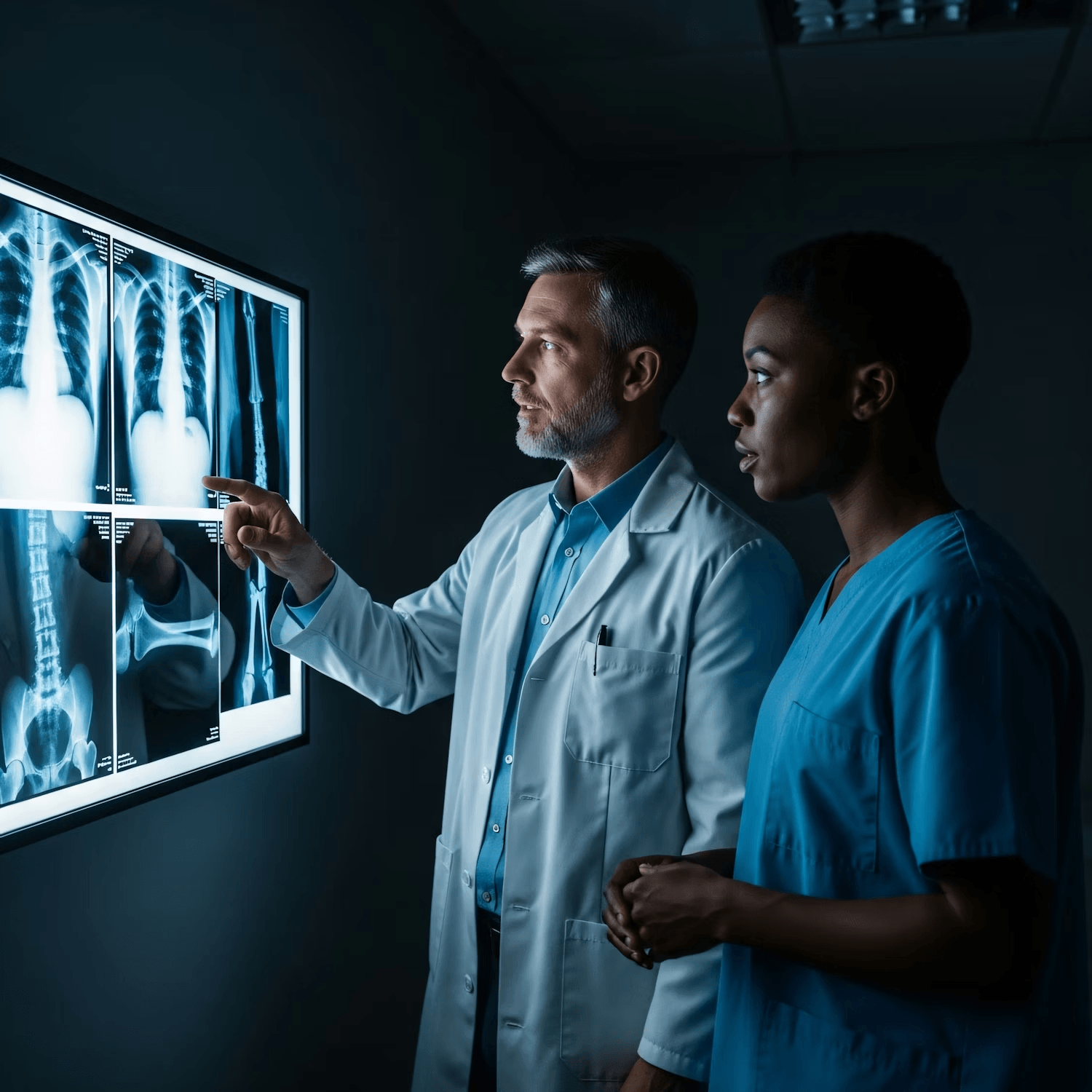 Medical professionals reviewing diagnostic imaging, representing the standardization of clinical workflows for male reproductive health.