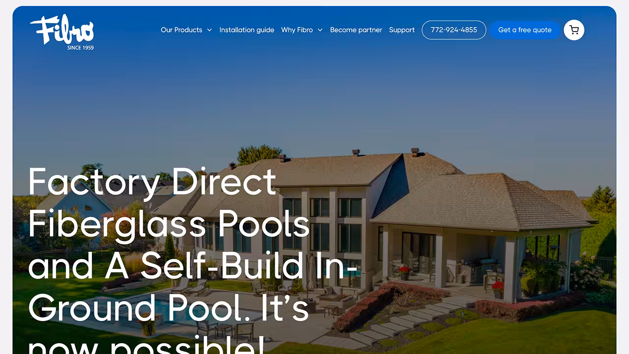 Website header showing Fibro logo, navigation menu, contact number, and a background image of a large house with a pool and patio in a sunny backyard.