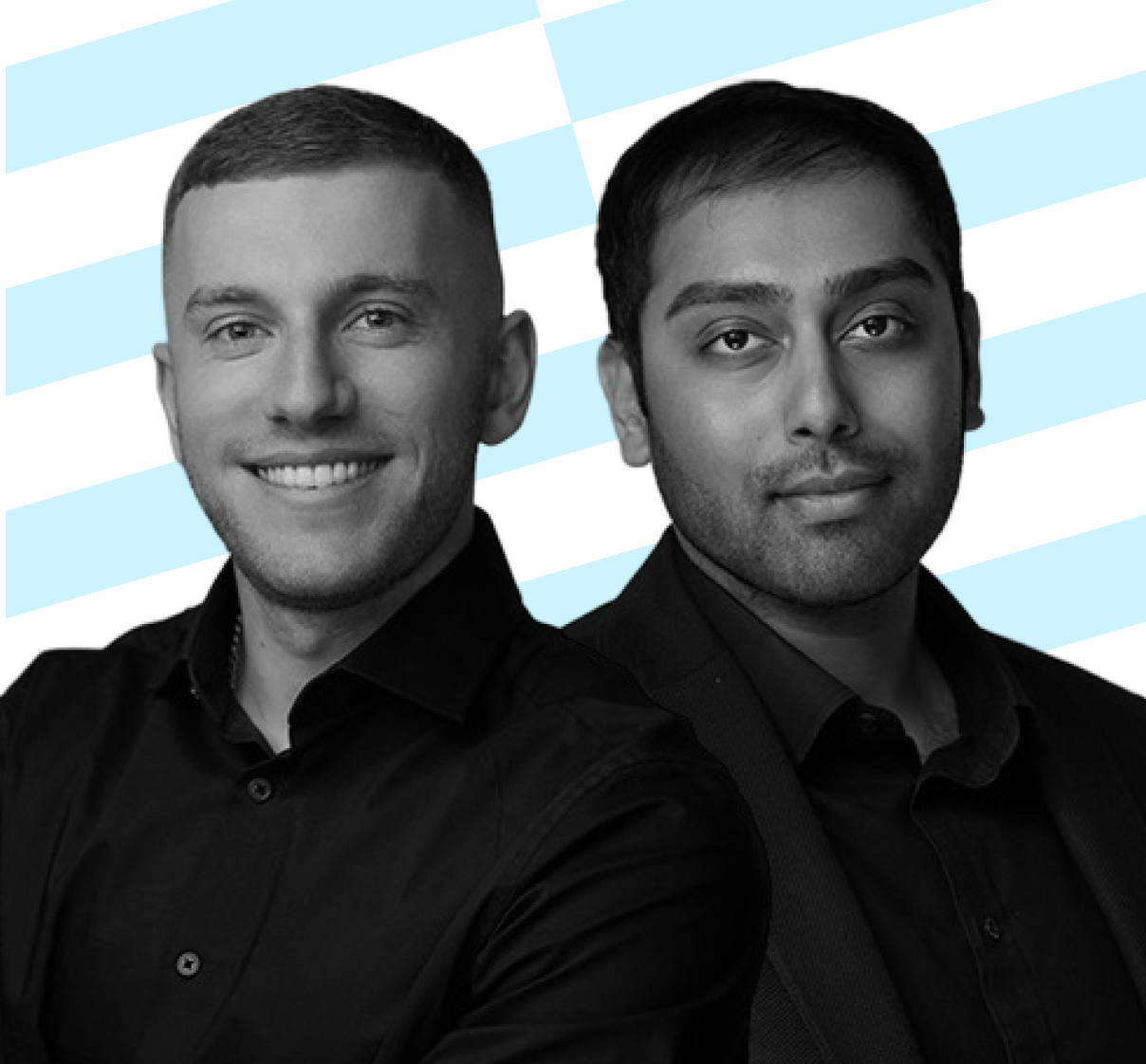 Black and white portrait of two men side by side, one smiling with short hair, the other looking serious with short dark hair, both wearing dark shirts.