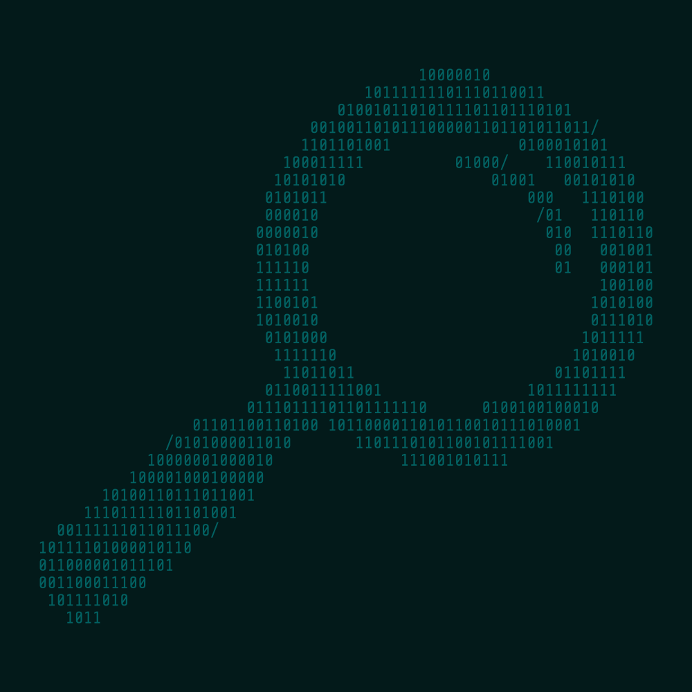 Binary code arranged in the shape of a magnifying glass on a dark background.