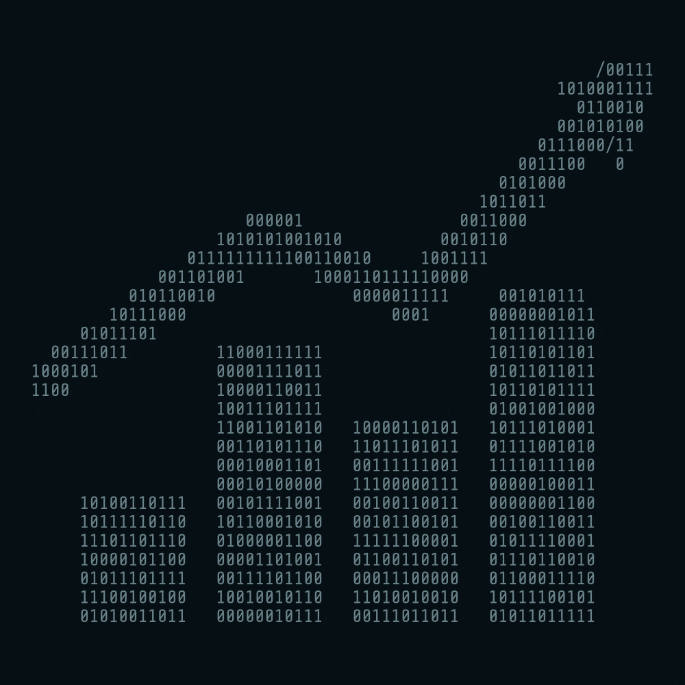 House icon composed of binary code digits in light green on a dark background, symbolizing digital or smart home technology.
