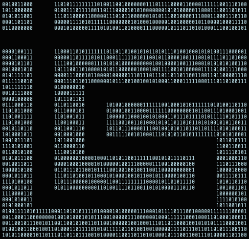 Maze pattern created using white binary code (0s and 1s) on a black background.