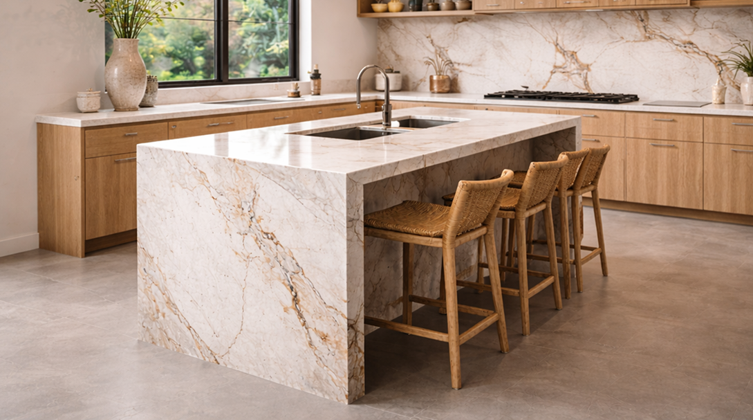 Modern kitchen with a large marble island, built-in sink, and four wooden bar stools with woven seats.