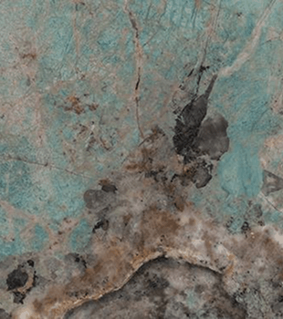 Close-up of textured stone surface with shades of turquoise, brown, black, and gray.