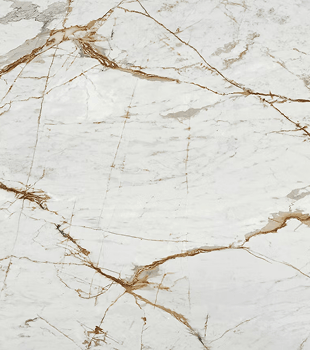 White marble surface with irregular brown and beige veining patterns.