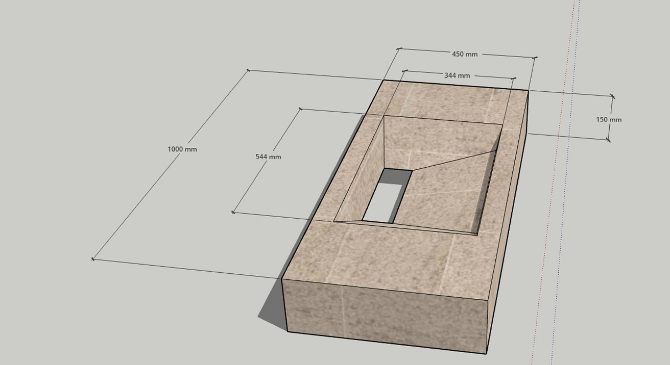 3D rectangular block with a recessed trapezoidal cutout and labeled dimensions in millimeters.