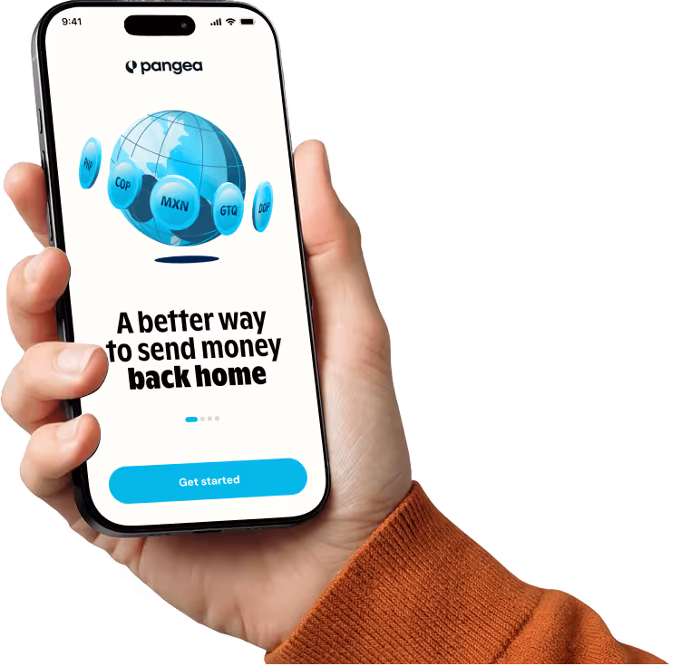 Person holding a phone with the Pangea app opened. The screen says "A better way to send money back home" with a "Get Started" button below.