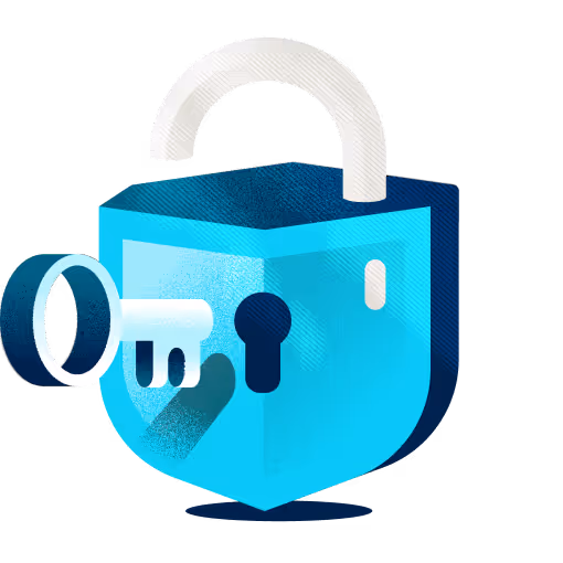 Illustration of a blue shield-shaped padlock with an open shackle and a white key entering the keyhole.
