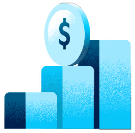 Illustration of three ascending blue bar graph columns with a dollar sign coin on the tallest bar.