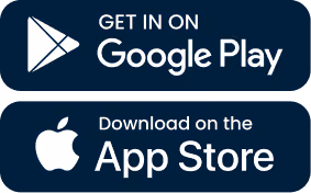 Google Play and Apple App Store badges for app download.