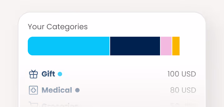 Segmented bar chart showing spending categories with Gift at 100 USD in bright cyan, Medical at 80 USD in dark blue, and two smaller categories in pink and yellow.