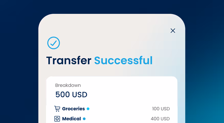 App interface for a transfer successfully completed with a breakdown showing 500 USD total: 100 USD for groceries and 400 USD for medical expenses.