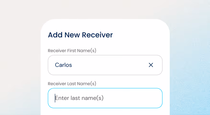 App interface titled 'Add New Receiver' with input fields for receiver first name filled with 'Carlos' and empty receiver last name field with placeholder text 'Enter last name(s)'.