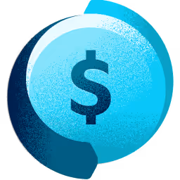 Illustration of a blue coin icon with a dollar sign in the center and a curved shadow on the left side.