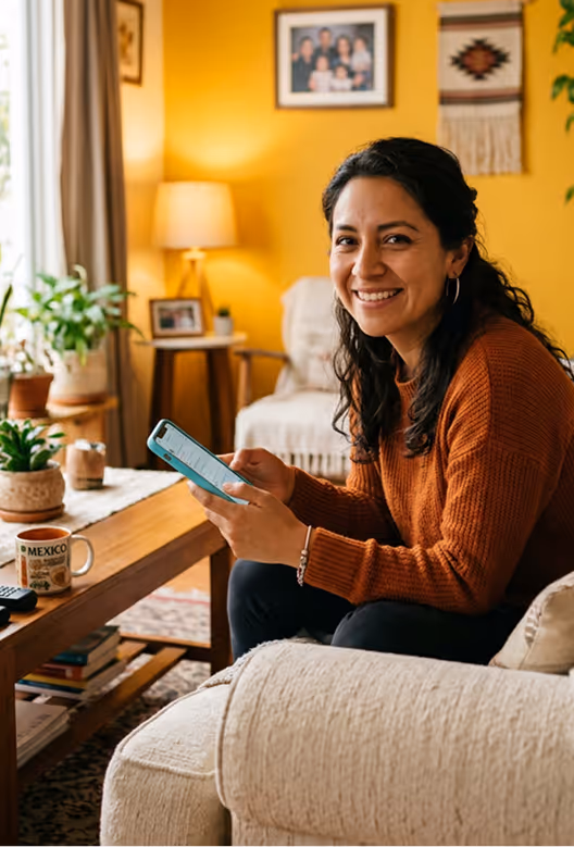 Smiling woman in an orange sweater holding a phone seated in a cozy living room with plants.
