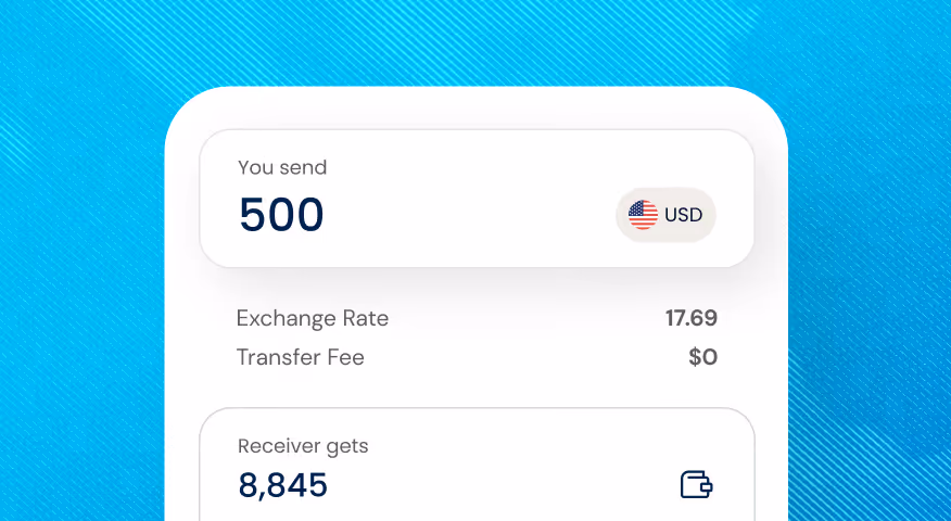 Illustrative currency exchange showing sending 500 USD with zero fee and receiver getting 8,845 at rate 17.69.