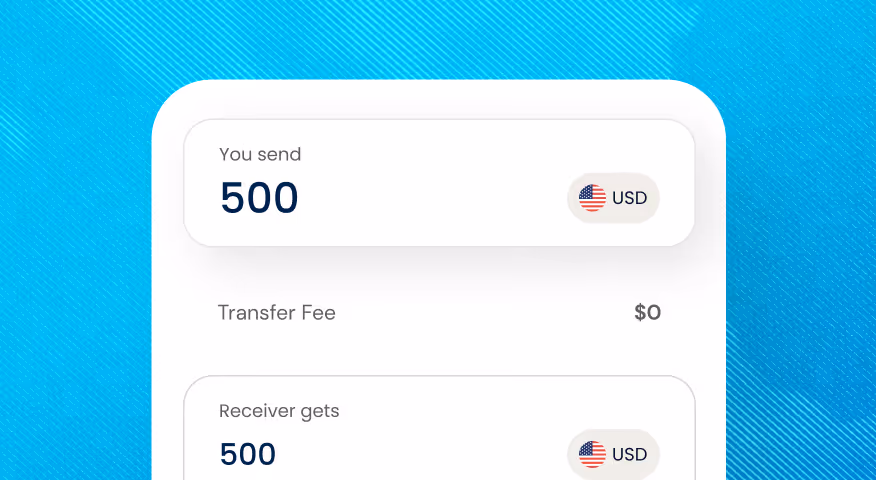 Illustrative El Salvador Money transfer interface showing sending 500 USD with zero transfer fee and receiver gets 500 USD.
