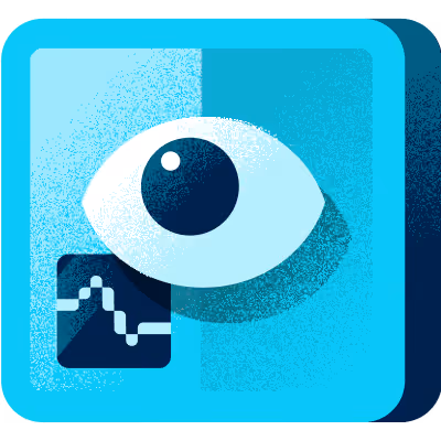 Illustration of a blue app icon with an eye symbol and a waveform graph in the lower left corner.