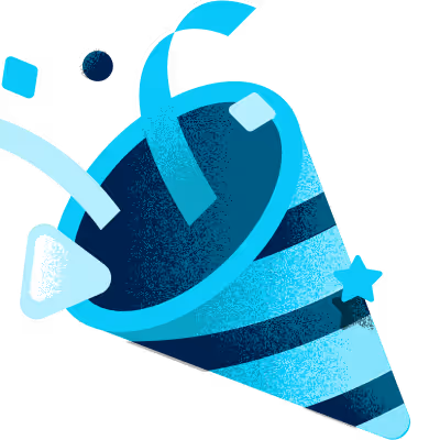 Illustration of a blue party popper cone with confetti and streamers bursting out.