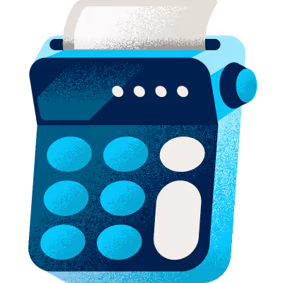 Illustration of a blue calculator with paper roll and large buttons in a stylized illustration.
