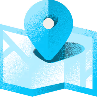 Illustration of a blue location pin on a folded paper map with streets visible.