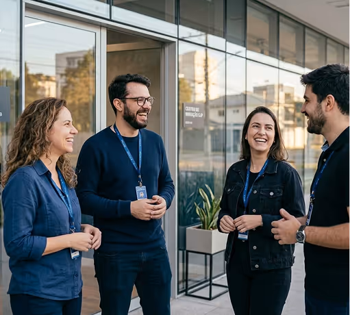 Four employees wearing badges standing and smiling, chatting outside a modern office building.