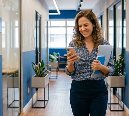 Woman walking in office hallway smiling at her smartphone and holding a laptop.