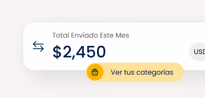 Dashboard visualization showing total sent this month as $2,450 with a button labeled View your categories.