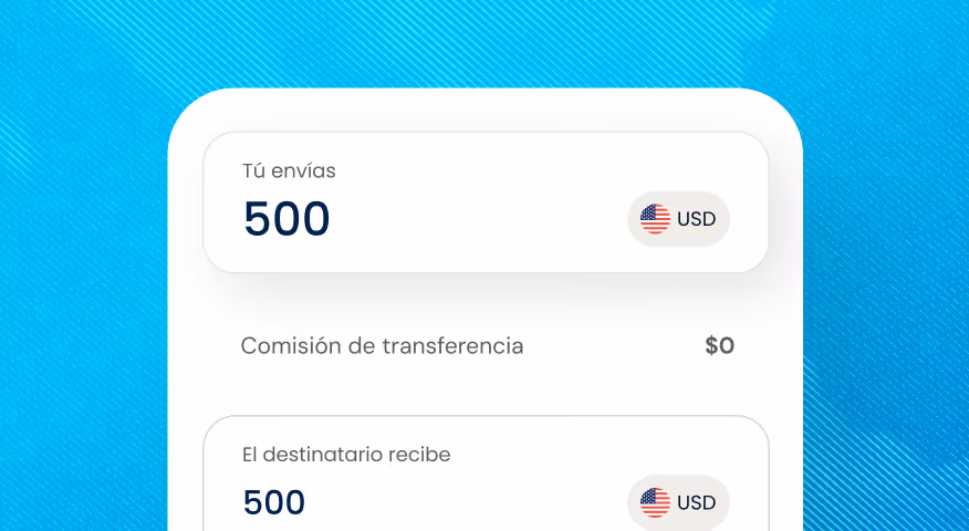 Payment screen visualization showing $500 sent with $0 transfer fee, recipient receives $500 in USD.